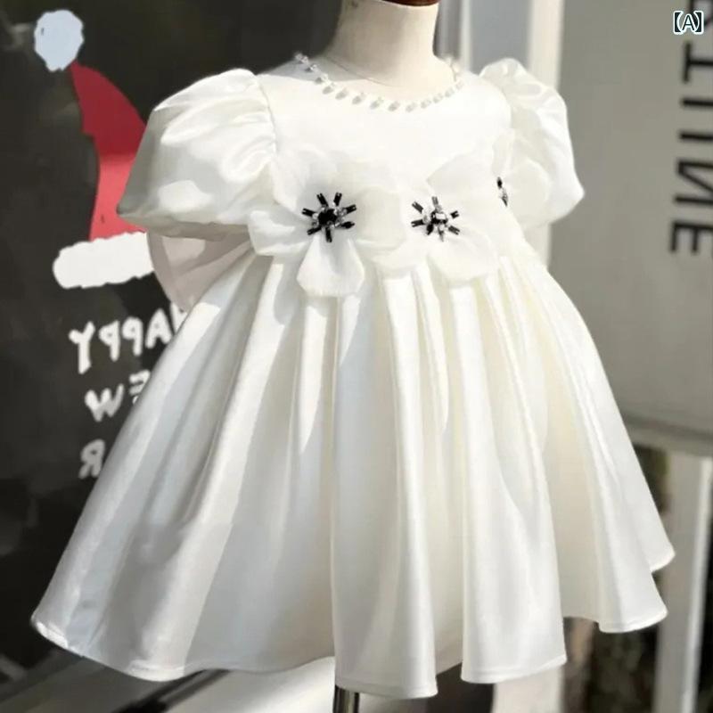 女子 ドレス かわいい 少女 ピアノ 発表会 フラワーガール 白 ガーゼ ウェディング 小さめ 誕生日 プリンセス 演奏 春