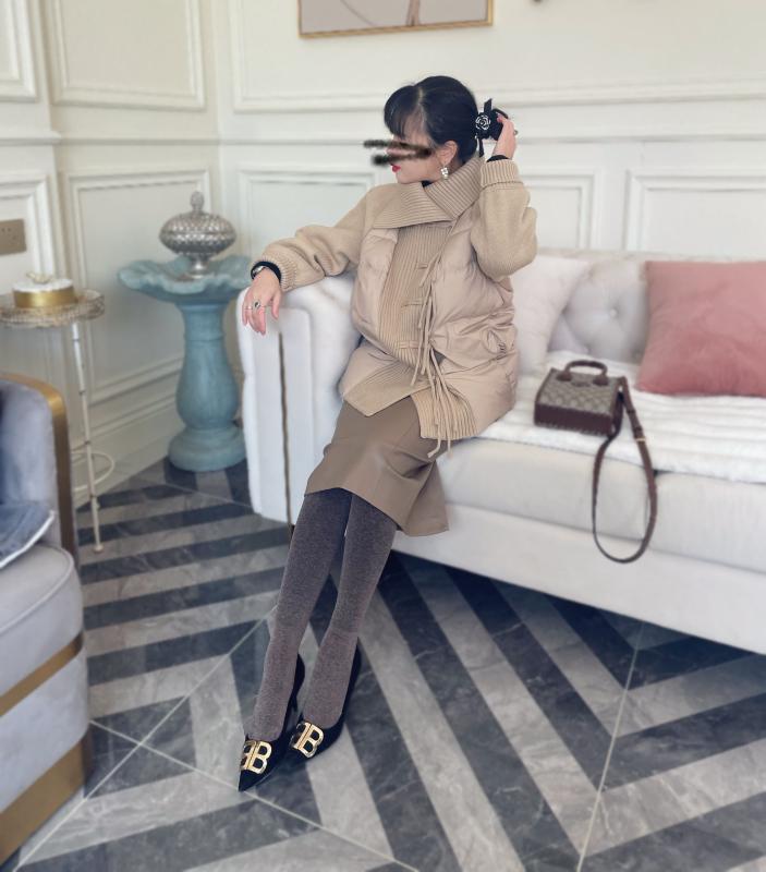 レディース ファッション たっぷり 幅広 ボタン ウール ニット 袖 暖かい 快適 ポケット サイズ ダウン ジャケット(4)