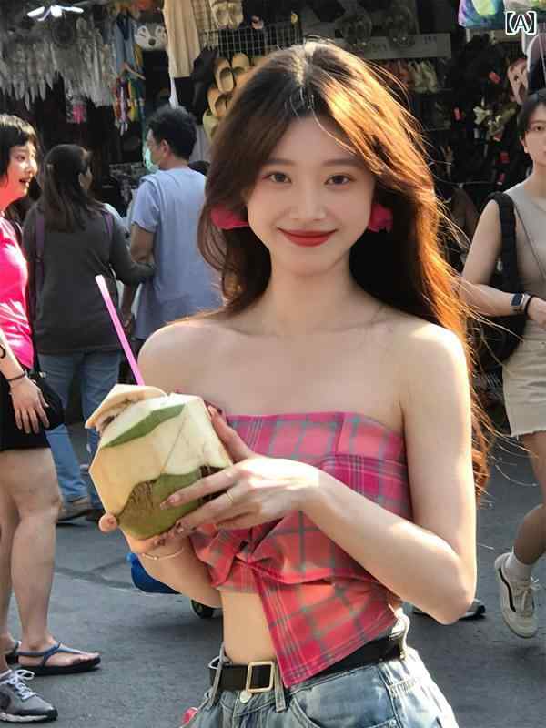 レディース ファッション 衣装 ガール ピンク チェック チューブ トップスス ユニーク シック 小さめ キャミソール 夏