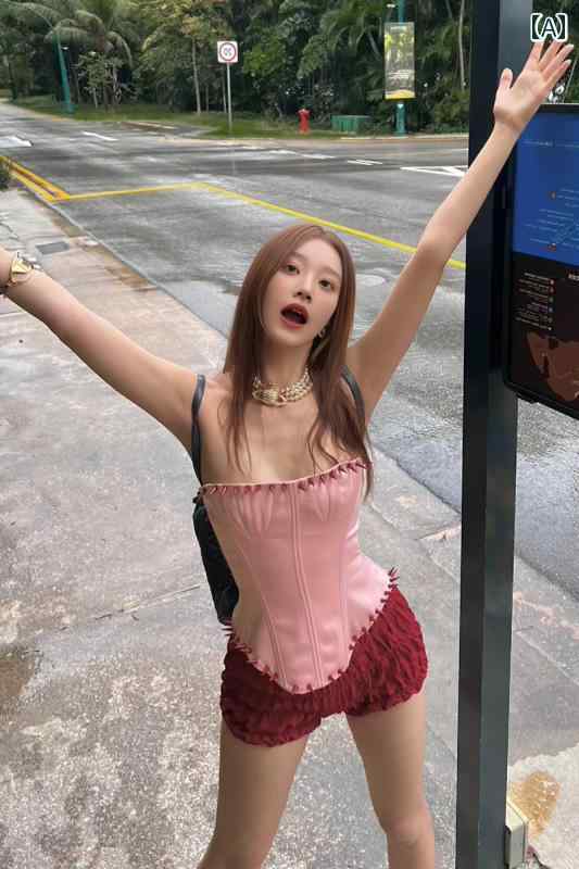 レディース ファッション 魅惑 ガール スタッズ チューブ トップスス フィッシュボーン トップスス キャミソール ピンク サテン フィッシュボーン コルセット