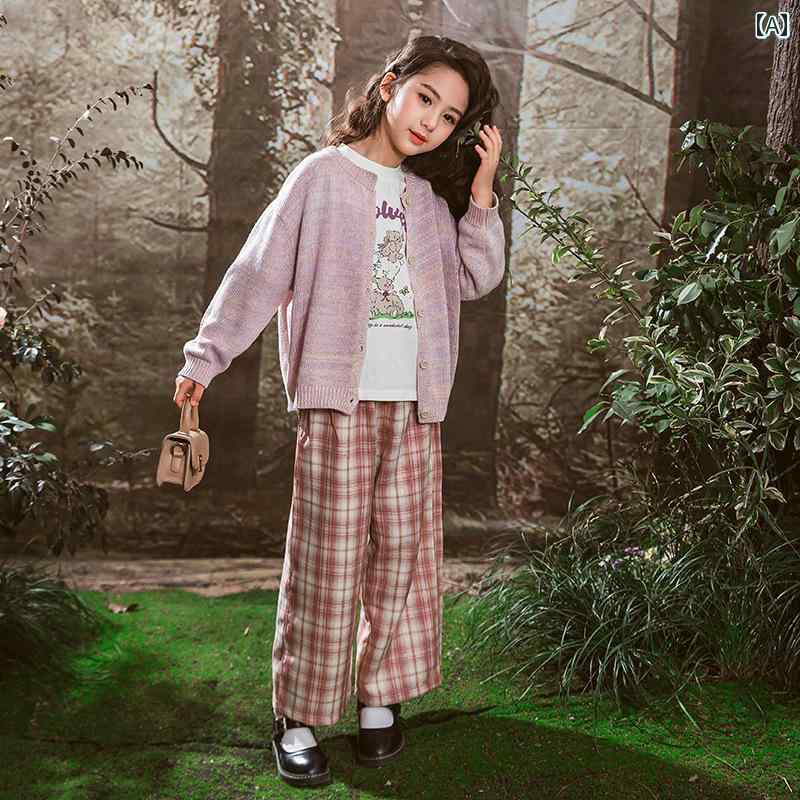 女子 ファッション かわいい キッズ カーディガンセット 春 セーター 服 チェック パンツ 半袖 3点 セット