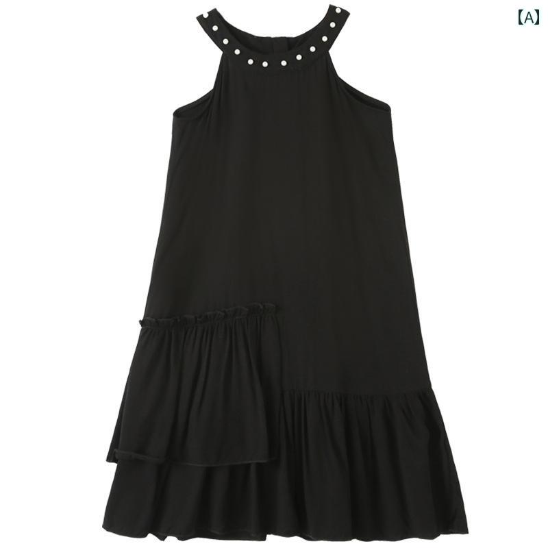 女子 ファッション ワンピース かわいい ドレス おしゃれ ホルターネック リトル ブラック 夏 オフショルダー 不規則 サン 夏 サスペンダー スカート