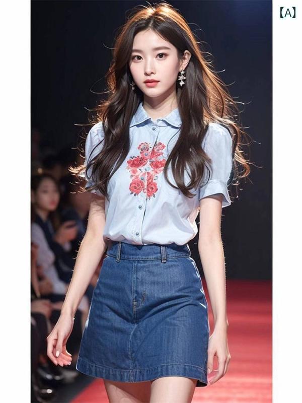 レディース ファッション シャツ チャイナ風 婦人服 初春 服装 青い プリント トップスス