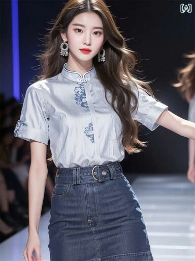 レディース ファッション 半袖 トップスス チャイナ風 婦人服 軽量 涼しい ブルー ボタン ダウン プリント リネンシャツ レディース ファッション 半袖 トップスス チャイナ風 婦人服 軽量 涼しい ブルー ボタン ダウン プリント リネンシャツ