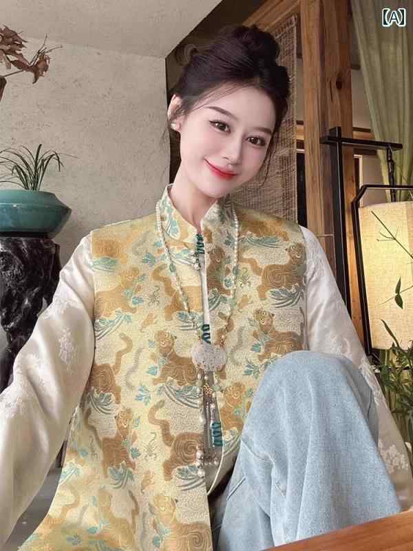 レディース ファッション チャイナ風 ゴールド 織 ベスト ソンジン ベスト トップスス