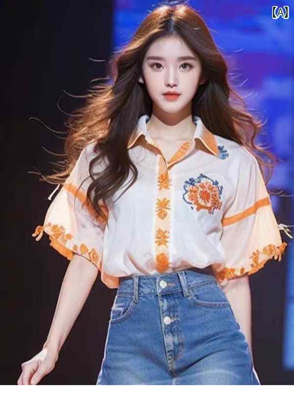 レディース ファッション チャイナ風 婦人服 春 オレンジ 白 コントラスト 刺繍 半袖 ボタン ダウン シャツ