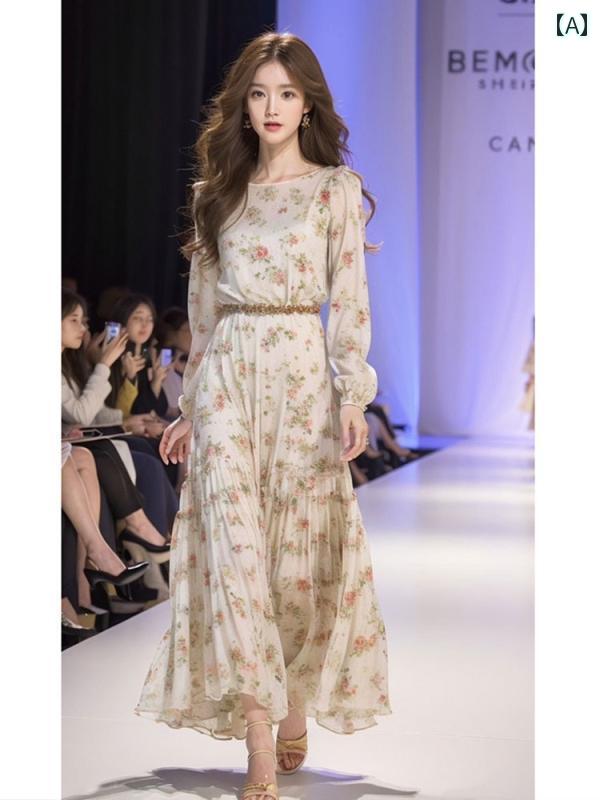 レディース ファッション フレンチ 長袖 花柄 ドレス 婦人服 早春 シフォン ロング スカート(4)