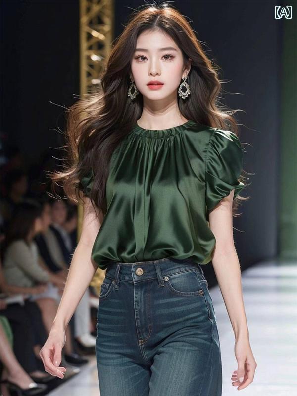 レディース ファッション 西洋風 エメラルドグリーン 半袖 シャツ 夏 ユニーク アセテート トップスス 格好のサムネイル