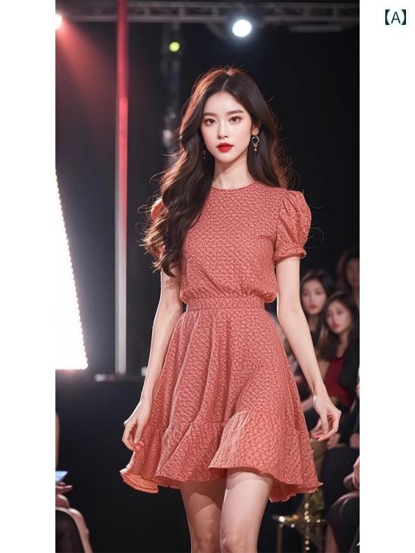 レディース ファッション 早春 ティー ブレイク フレンチ プチ ドレス 赤 花柄 ショート ドレス