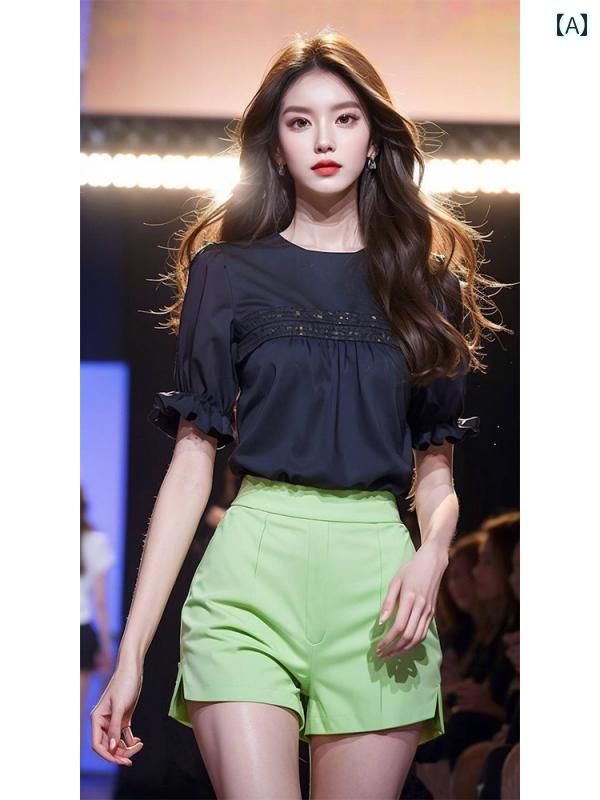 レディース ファッション 黒 半袖 シャツ 夏 ドレス ティー フレンチシック ユニーク 美しい トップスス 小さめ シャツ