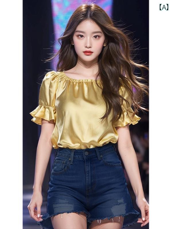 レディース ファッション シャンパンゴールド アセテート サテン パフスリーブ スクエアネック 半袖 シャツ フランス ゆったり トップスススス