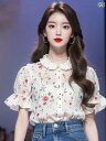 レディース ファッション 春 トップスス 美しい ブラウス ドール カラー シフォン 花柄 半袖 シャツ