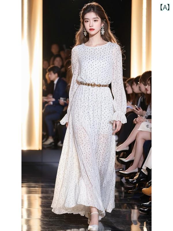 レディース ファッション 春 精巧 トランペット スリーブ 乳白 花柄 長袖 ドレス