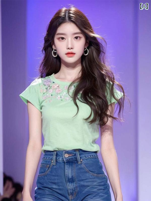 レディース ファッション ミント マンボ グリーン プリント 半袖 Tシャツ 初春夏 チャイナ風 トップスス