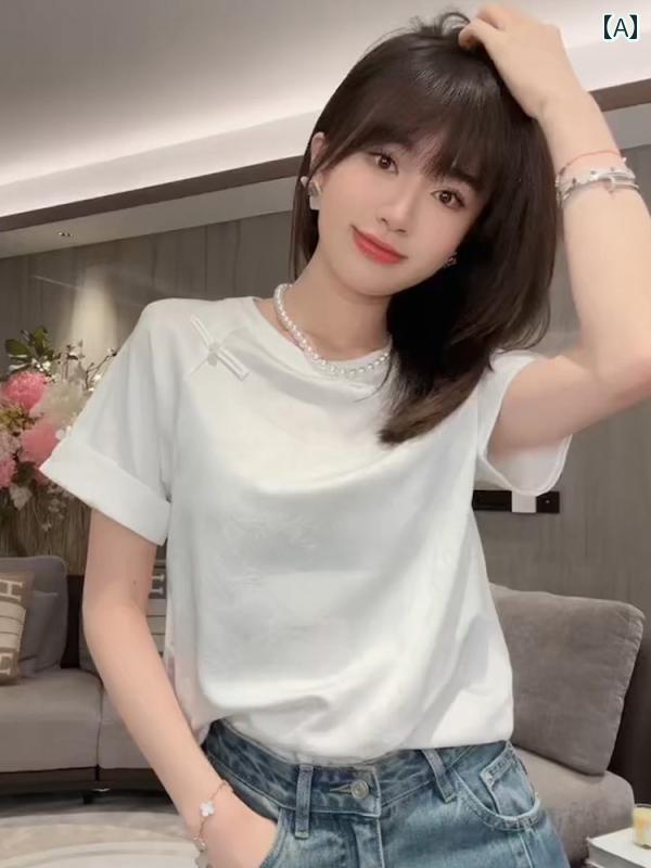 レディース ファッション チャイナ風 白 ボタン ダウン 半袖 t シャツ シャツ 早春 シック トップスス