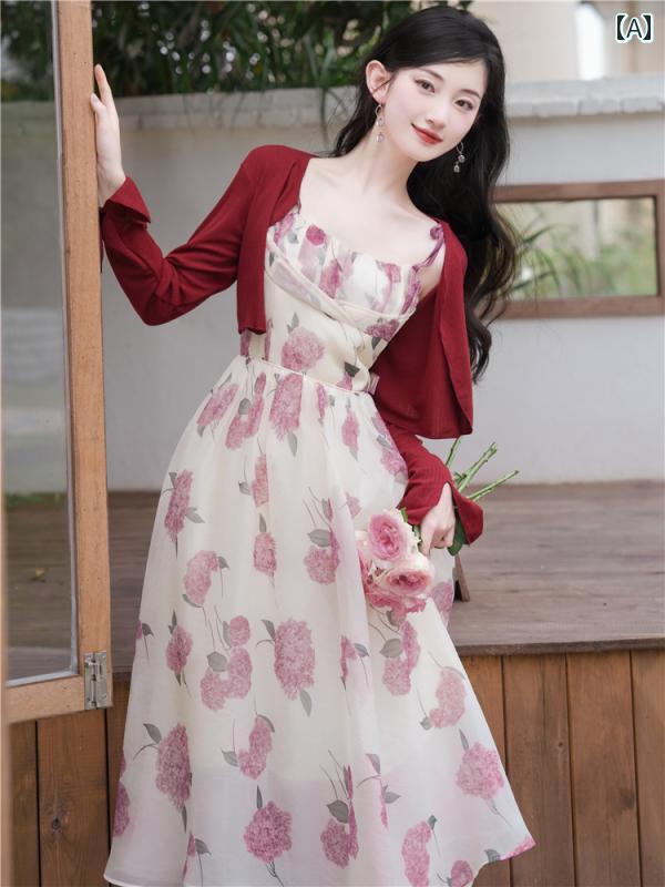 レディース ファッション フレンチ ジェントル セットアップ スウィート スーパー フェアリー 花柄 サスペンダー ドレス カーディガン プリンセス 2点 セット