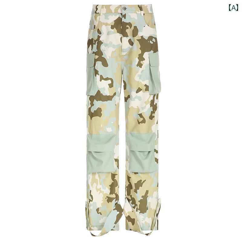 レディース ファッション ハイウエスト ストレート 迷彩 プリント ステッチ マルチ ポケット ストリート ワークウェア 織 カジュアル パンツ