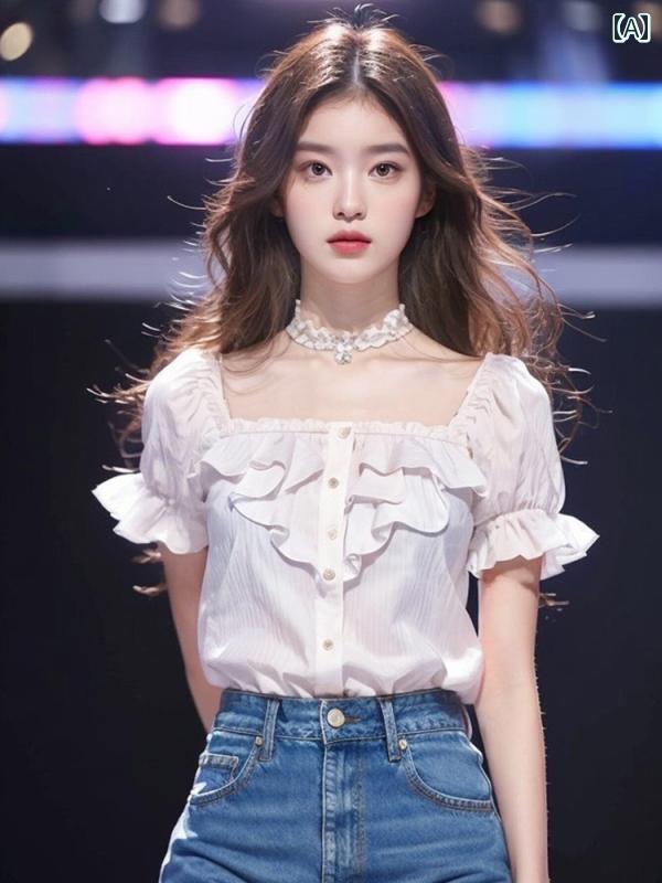 レディース ファッション 早春 韓国 ユニーク 美しい シャツ 夏 半袖 スクエアネック フリル 白 シャツ
