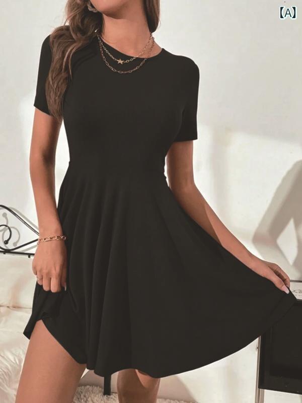 レディース ファッション 春夏 ショート スカート 無地 ピット ストリップ ステッチ カジュアル ラウンドネック 半袖 ドレス