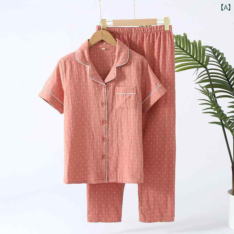 パジャマ ルームウェア リラックス 東南 アジア チェック 夏 カップル 綿 二層 ガーゼ 半袖 レディース 薄手 涼しい ズボン ホームウェア セット