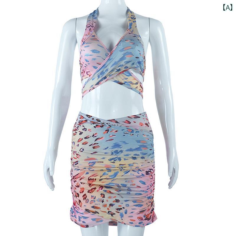 レディース ファッション 衣装 デジタル プリント Vネック ホルター プルオーバー ヒップ ドレス ィ