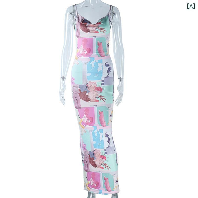 レディース ファッション ドレス プリント スイング ネック ストラップ ヒップ スカート ストリート ィ バック レス スカート ドレス