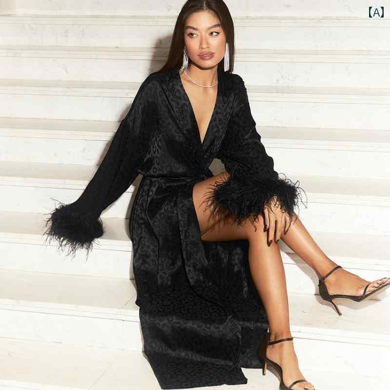 レディース ファッション 黒 ヒョウ柄 ジャカード フェザー カーディガン レースアップ ネグリジェ 長..