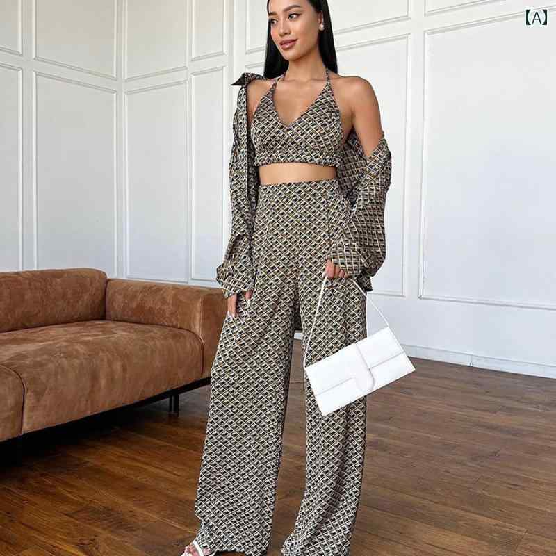 レディース ファッション 春 暖かい プリント サテン 下着 長袖 ズボン ホームウェア