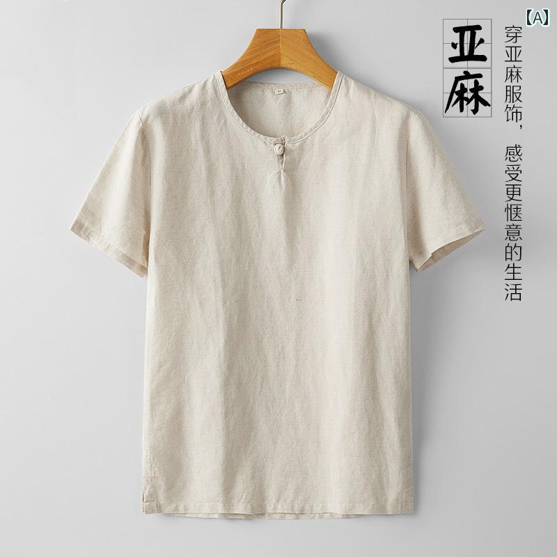 トップス メンズ ファッション 半袖 夏 薄手 涼しい 涼しい リネン Tシャツ チャイナ風 デスク ボタン ..