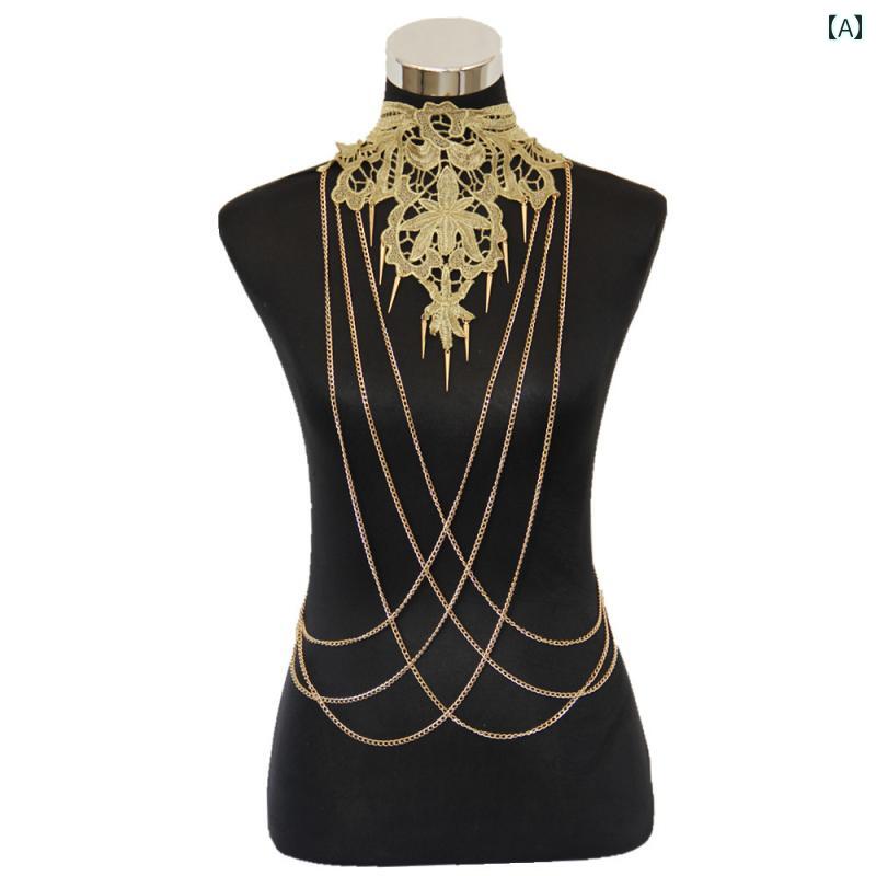 パフォーマンス 衣装 アクセサリー 小道具 派手 セクシー ファッションジュエリー ゴールデン レース ファッション ネックレス ステージ ステージ ボディ チェーン