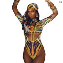 パフォーマンス 衣装 派手 セクシー コスプレ アフリカ 部族 ブラック ジャンプスーツ 長袖 プリント 魅惑 シースルー 透け感 透け感 透け感 ハイネック ...