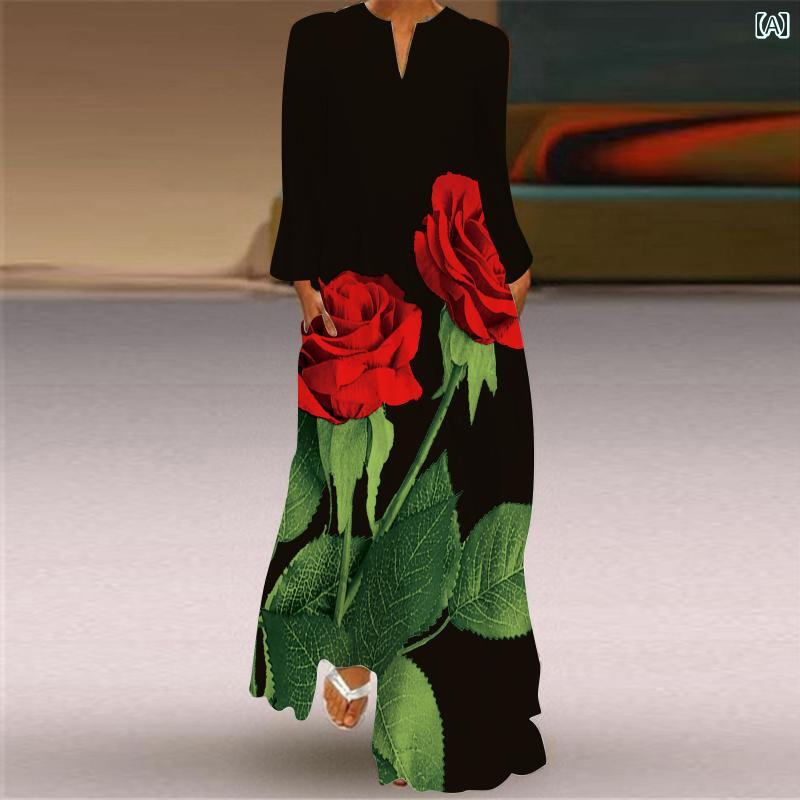 レディース ファッション 長袖 ドレス 3D プリント 旅行 写真 ステージ パフォーマンス ウェア Vネック ポケット ロング ドレス