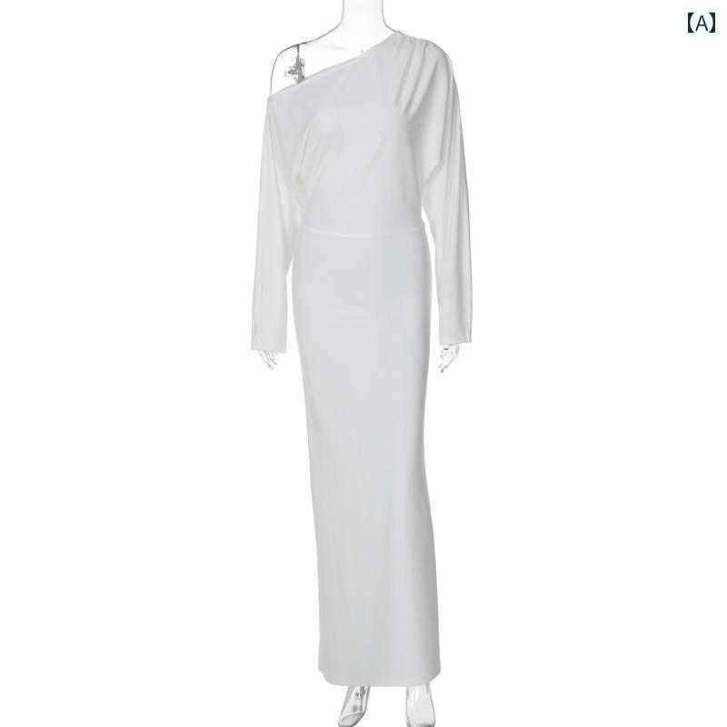 レディース ファッション 春 魅惑 斜め 肩 ロング オフショルダー ドレス