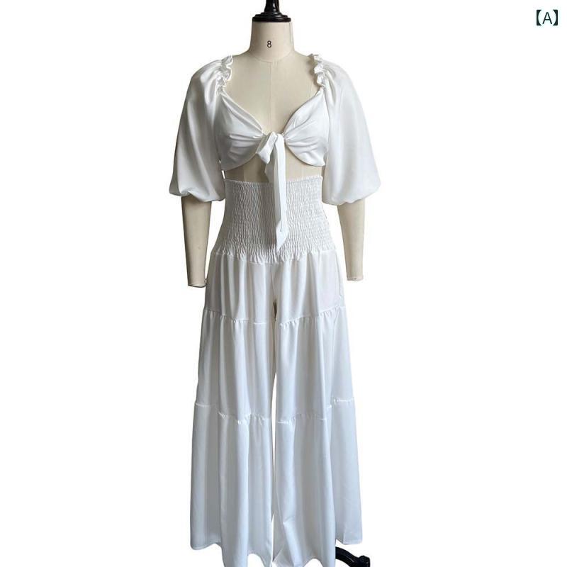 レディース ファッション 夏 チェストストラップ トップスス ワイドレッグ パンツ 大きめサイズ セット..