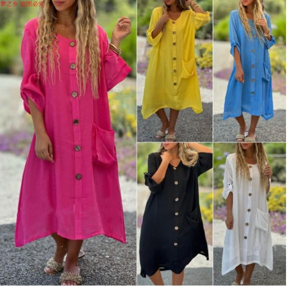 レディース ファッション 大きいサイズ コット リネ ボタ ドレス
