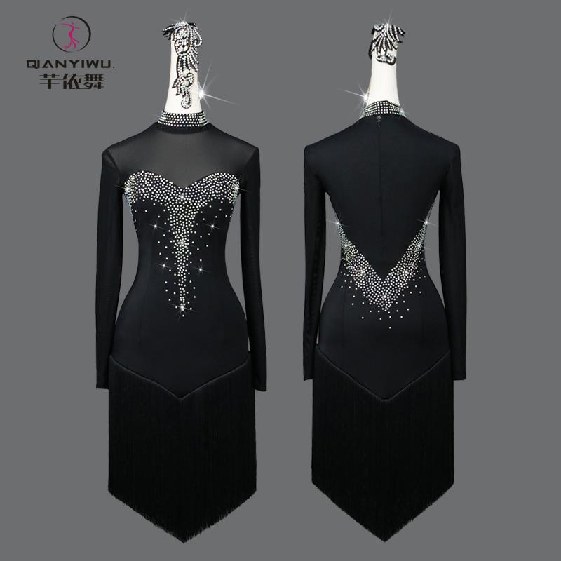 ラテン ダンス 衣装 レディース パフォーマンス 競技会 キッズ 女子 タッセル スカート 黒 ステージ 花柄 ドレス ソロ