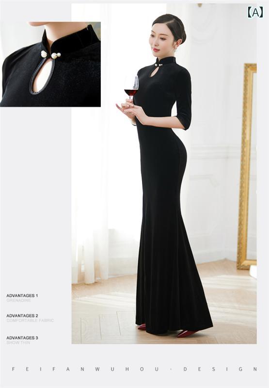 ダンス 衣装 レディース ゴールド 起毛 ボディスーツ チャイナ ドレス ロング クラシック ステージ ト..