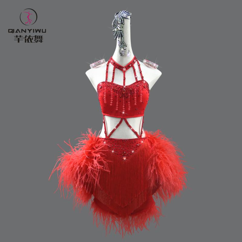 ラテン ダンス 衣装 レディース パフォーマンス 競技会 キッズ 女子 レッド フェザー スーツ ブラック プール ステージ タッセル スカート サンバ ソロ
