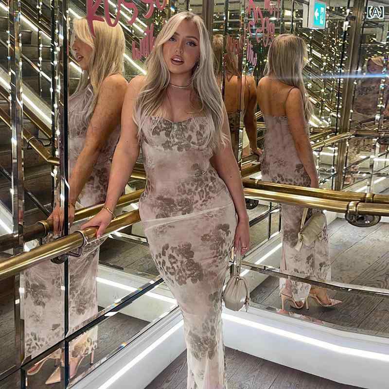 レディース ファッション サスペンダー ベルト 胸 フラワープリント ロング スカート スリム ウエスト ドレス