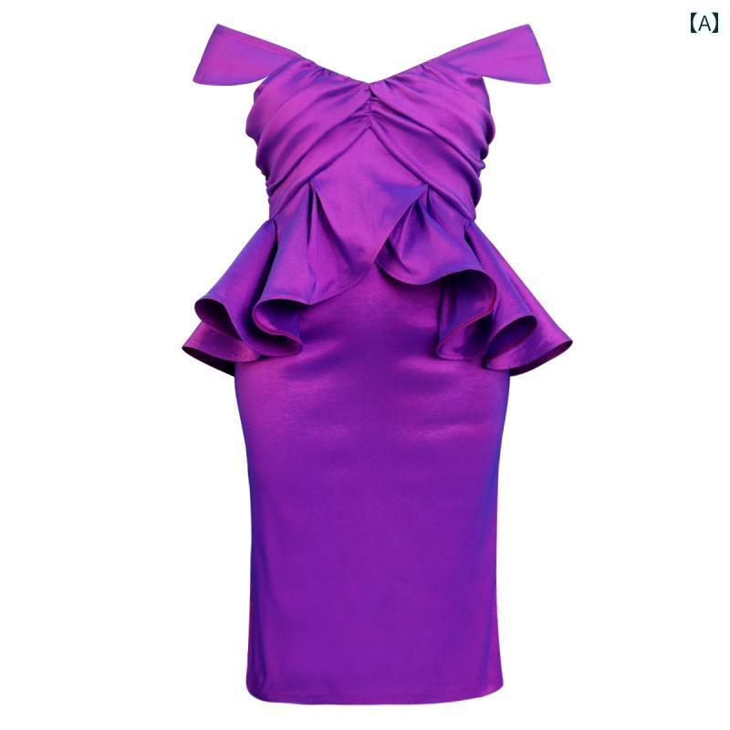 レディース ファッション 大きいサイズ 魅惑 フリル ヒップ ドレス 大きいサイズ 魅惑 パープル ドレス