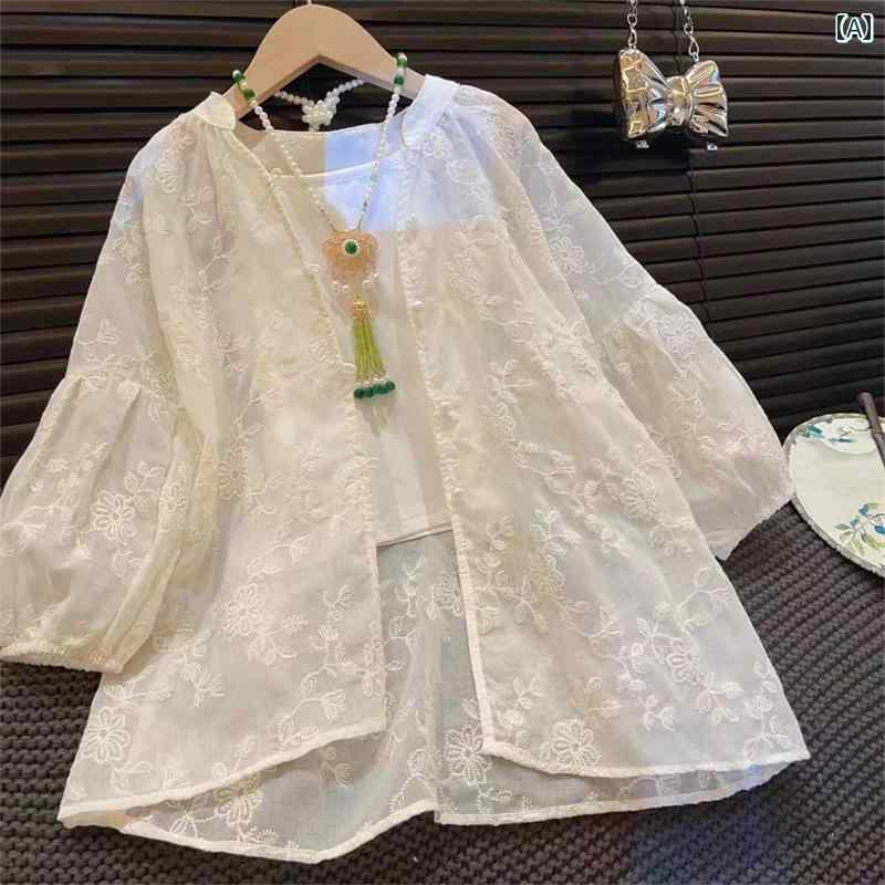 子供服 女の子 セットアップ おしゃれ カジュアル 西洋 薄手 涼しい 涼しい 涼しい 涼しい 通気性 快適 快適 快適 快適 チャイナ風 ボタン 刺繍 長袖 シャツ キャミソール 日焼け防止 2点 セット