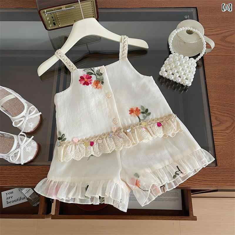 子供服 女の子 セットアップ おしゃれ カジュアル 夏 韓国 刺繍 メッシュ サスペンダー ショートパンツ 小さめ さわやか 2点 セット