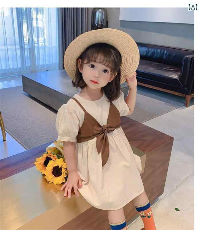 ワンピース 女の子 夏 キッズ 子供 かわいい 韓国 パフスリーブ 夏 半袖 フェイク セットアップ ベビー リトル プリンセス 夏