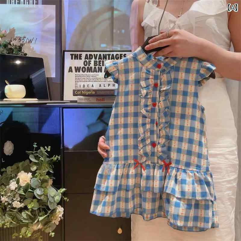 ワンピース 女の子 キッズ 子供 かわいい 韓国 夏 チェック フライング スリーブ ベビー ベスト プリンセス トレンディ