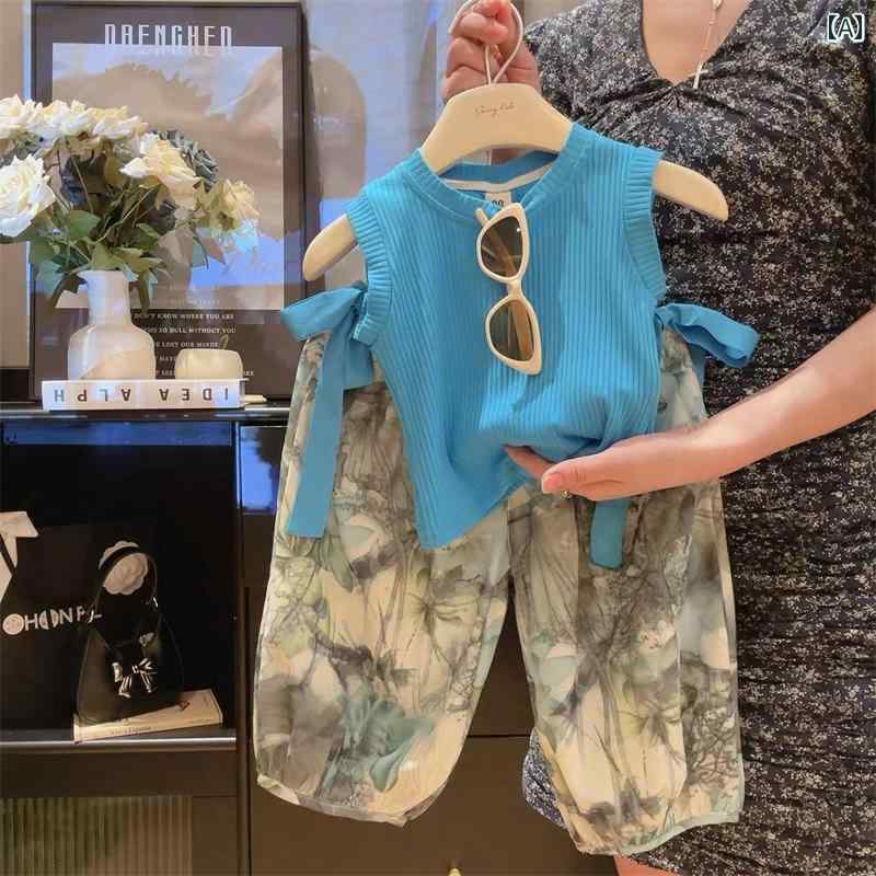 子供服 女の子 セットアップ おしゃれ カジュアル 防蚊 パンツ セット 夏 さわやか ベスト 水墨画 カジュアル パンツ 2点 セット