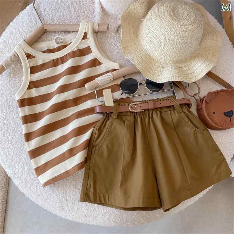 子供服 女の子 セットアップ おしゃれ カジュアル 韓国 おしゃれ 夏 薄手 涼しい 涼しい 涼しい 涼しい ストライプ キャミソール ショートパンツ 2点 セット