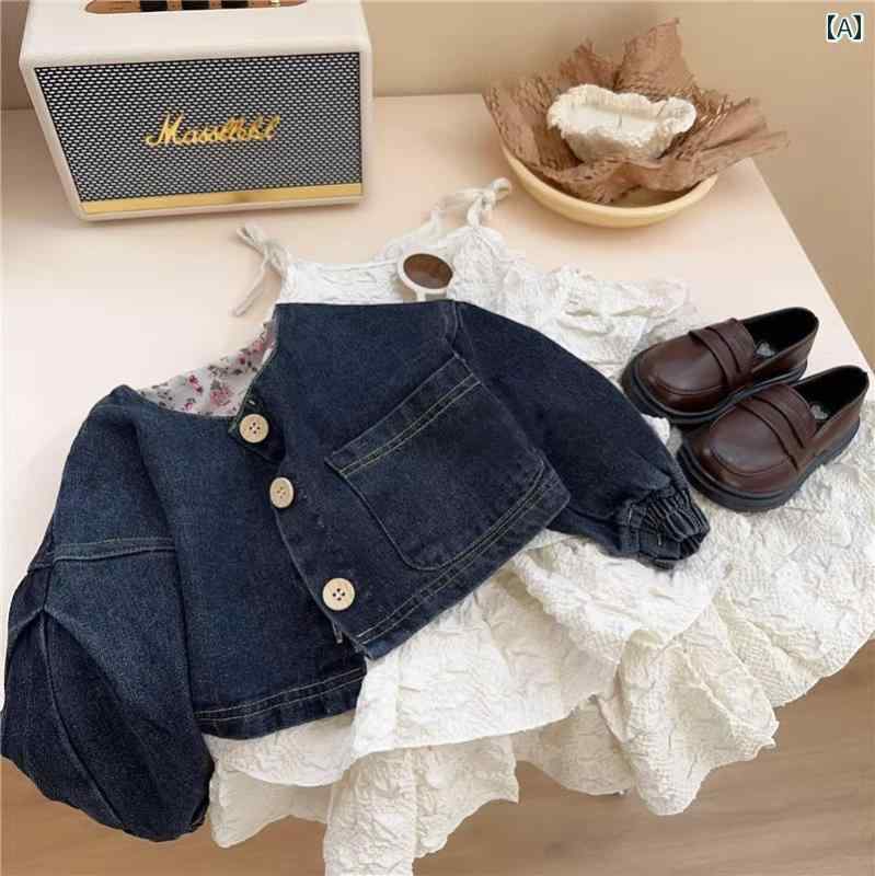 子供服 女の子 セットアップ おしゃれ カジュアル 韓国 春秋 サスペンダー ケーキ スカート デニムジャケット 2点 セット
