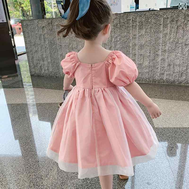 ワンピース 女の子 キッズ 子供 かわいい パフスリーブ スカート 夏 プリンセス ベビー メッシュ スカート