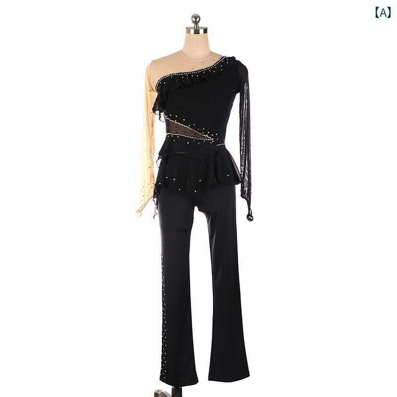 フィギュア スケート 衣装 子供 女子 大人 レディース 服 長袖 ワンピース パフォーマンス 黒 ジャンプ スーツ 光沢