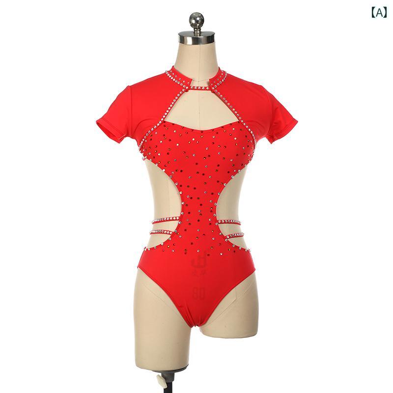 パフォーマンス 衣装 競技会 エアリアル ヨガ ポール ダンス 競技 コスチューム レッド ワンピース アーム スリーブ